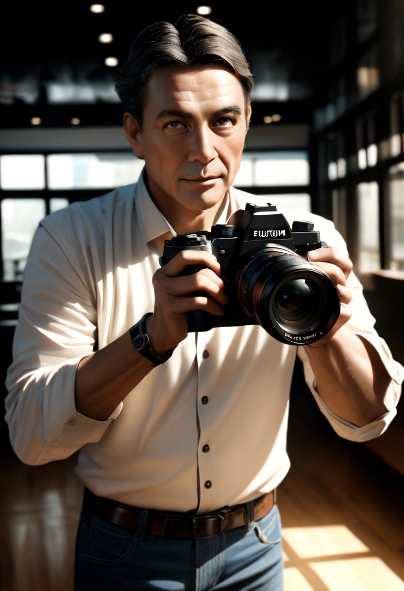 RAW photo of an elegant man, 50 years old, European, light green eyes, black hair blurred background, full body plane, blue jeans, white shirt, looking at camera, cinematic, small details, photorealistic, ultrarealistic photo, 8k uhd, dslr, soft lighting, high quality, film grain, Fujifilm XT3, (masterpiece),