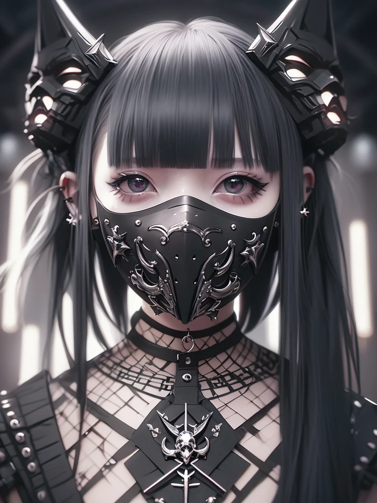 Highest quality、8K、masterpiece:1.3、Gothic Punk、The inside color is red、Black-haired、hair ornaments、Beautiful girl、creative、Dark Fantasy Style、Neogoth、Goth Fashion:1.2、High resolution、masterpiece、Highest quality、頭w:1.3、((Hasselblad Photos))、Fine skin、Sharp focus、(Cinematic lighting)、Realistic textured hair、((Black Mask)),Esbian all over、((View from below))