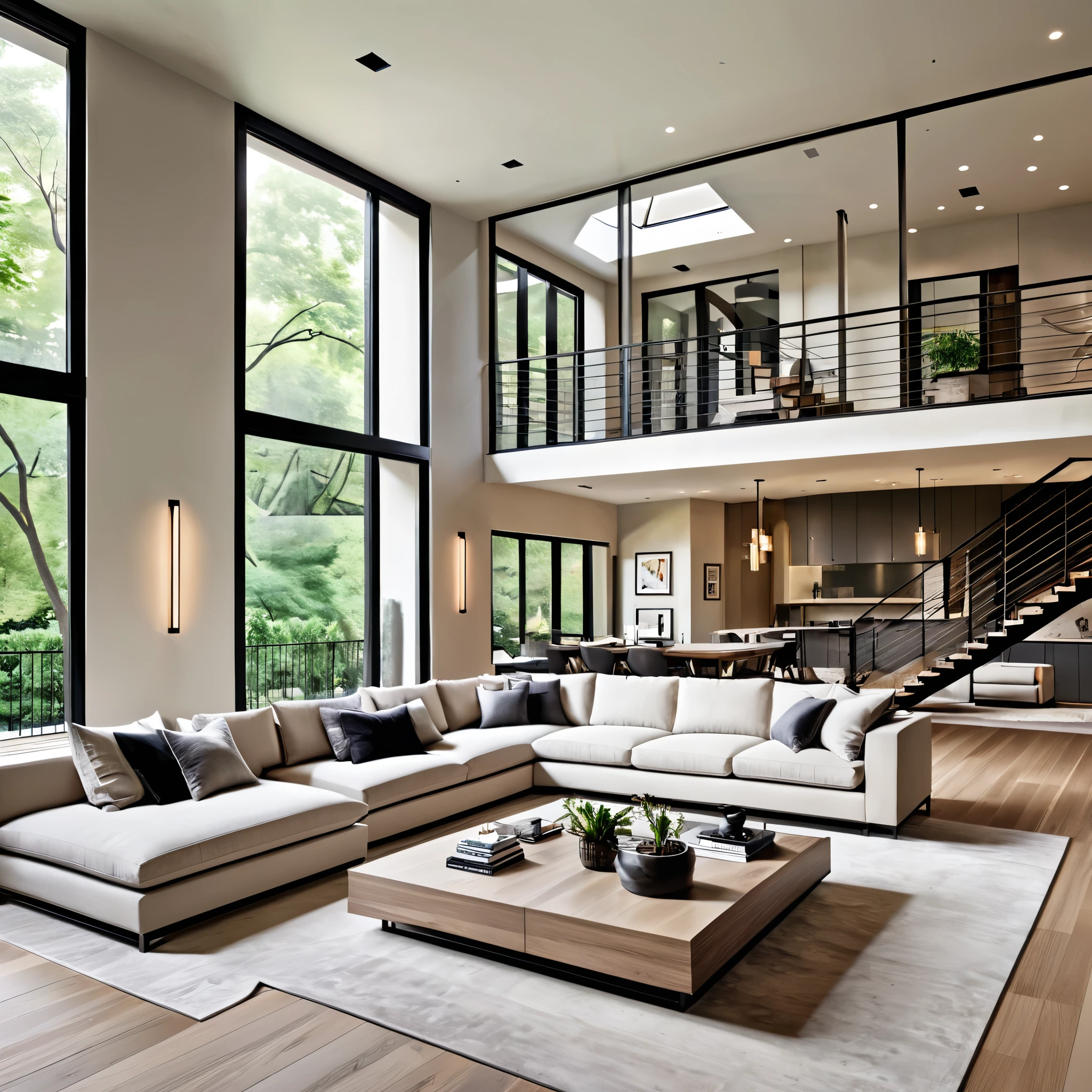 Design a contemporary and airy living room with a high ceiling and open layout. The space includes a large sectional sofa with a neutral palette, modern coffee tables, and a chic lounge chair. The floating staircase leading to the mezzanine level adds a unique architectural element. The walls and ceiling have a geometric design with integrated lighting to create a sophisticated atmosphere. Focus on clean lines and a minimalist approach, adding a few decorative accents and greenery to enhance the overall aesthetic