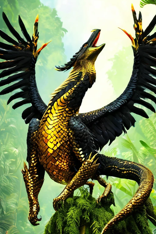 feather winged flying serpent, golden scales, sharp fangs, molten gold eyes, ((looming above a rainforest)), highly detailed, cinematic lighting, hyper realistic, 8k, award winning digital art, stunning composition, photorealistic, vibrant colors, dramatic lighting, intricate details, fantastical legendary creature, lush environment, awe-inspiring, majestic, masterpiece ((full body)) ((NO Legs)) legless serpent
