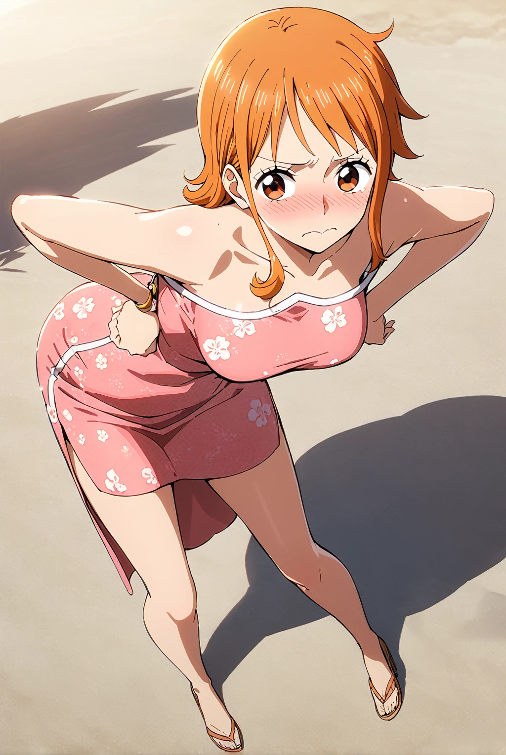 Nami, Nami One Piece, 1girl, solo, shy expression, blushing, 1girl, solo, shy expression, pink cheongsam, floral pattern, high slit dress, off-shoulder, elegant pose, hands on hips, side view, slightly bent forward , bent legs, beach background, seaside scenery, sunlight from above, anime style, high reproduction, detailed lines, soft brightness, brightness, high detail, high brightness, complex shadows, textured texture, smooth transitions