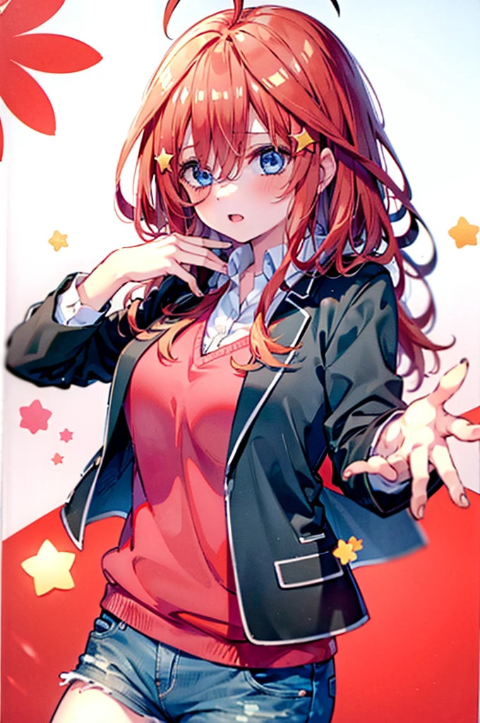 (8K, Highest quality, Highest quality, masterpiece), aaitsuki, long hair, ahoge, star hair ornament, school uniform, blazer, black jacket, open jacket, red sweater, long sleeves, denim short shorts, big breasts,