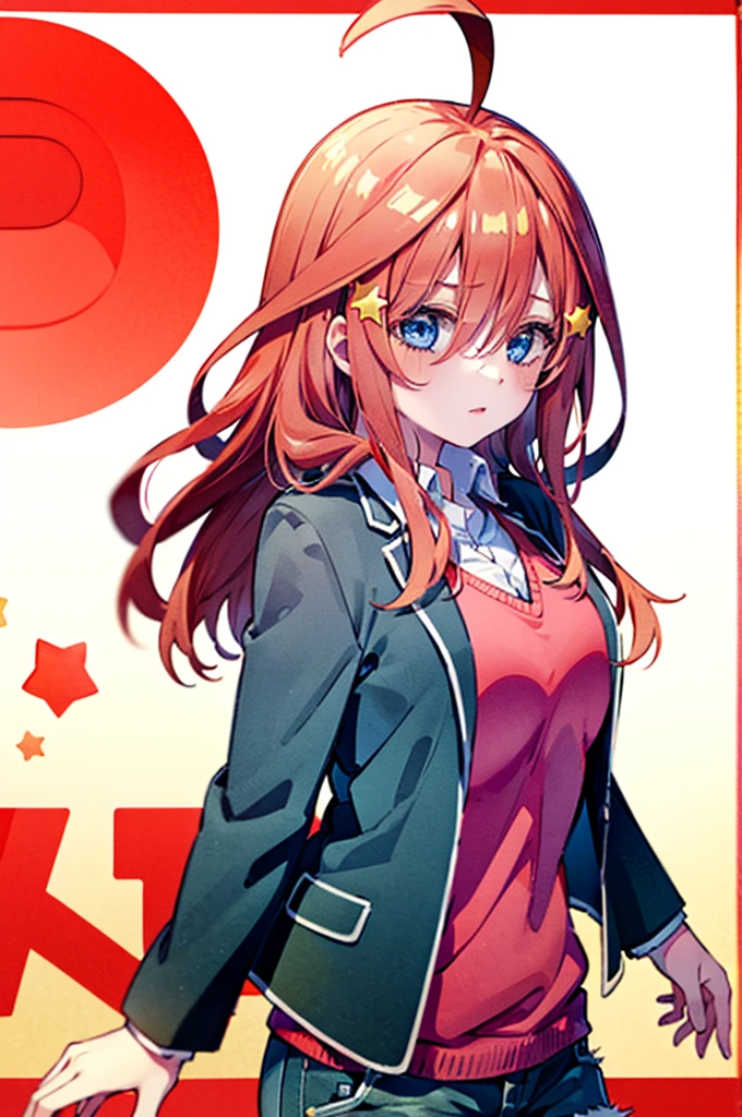 (8K, Highest quality, Highest quality, masterpiece), aaitsuki, long hair, ahoge, star hair ornament, school uniform, blazer, black jacket, open jacket, red sweater, long sleeves, denim short shorts, big breasts,