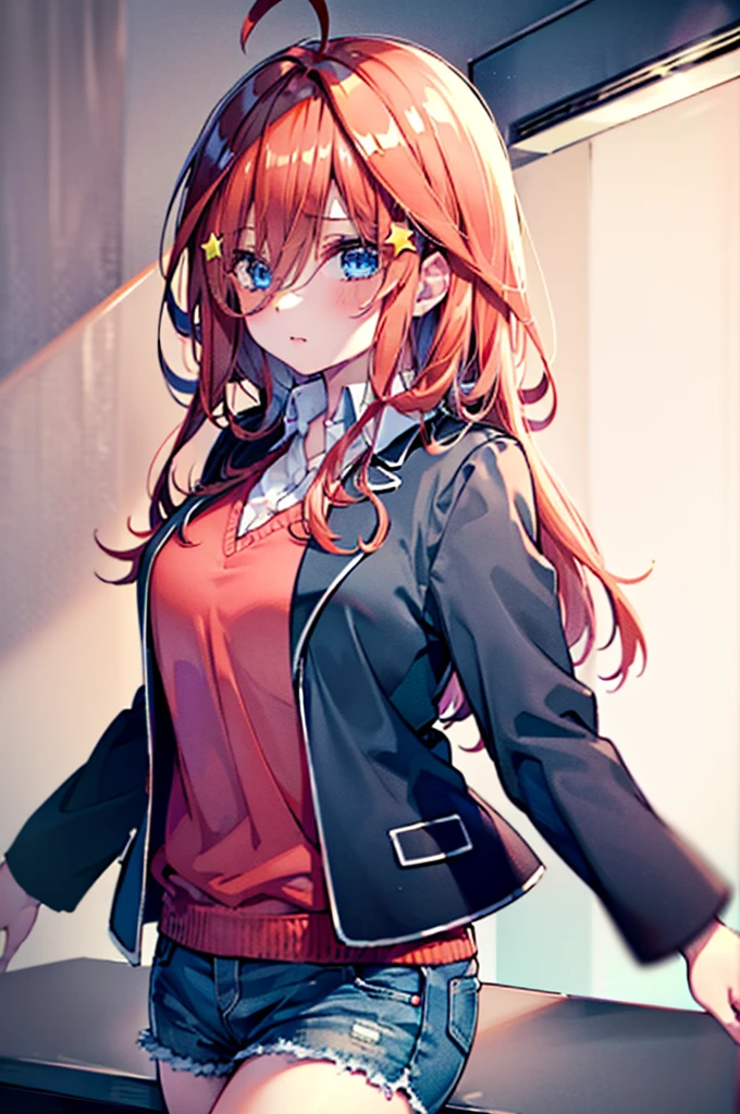 (8K, Highest quality, Highest quality, masterpiece), aaitsuki, long hair, ahoge, star hair ornament, school uniform, blazer, black jacket, open jacket, red sweater, long sleeves, denim short shorts, big breasts,