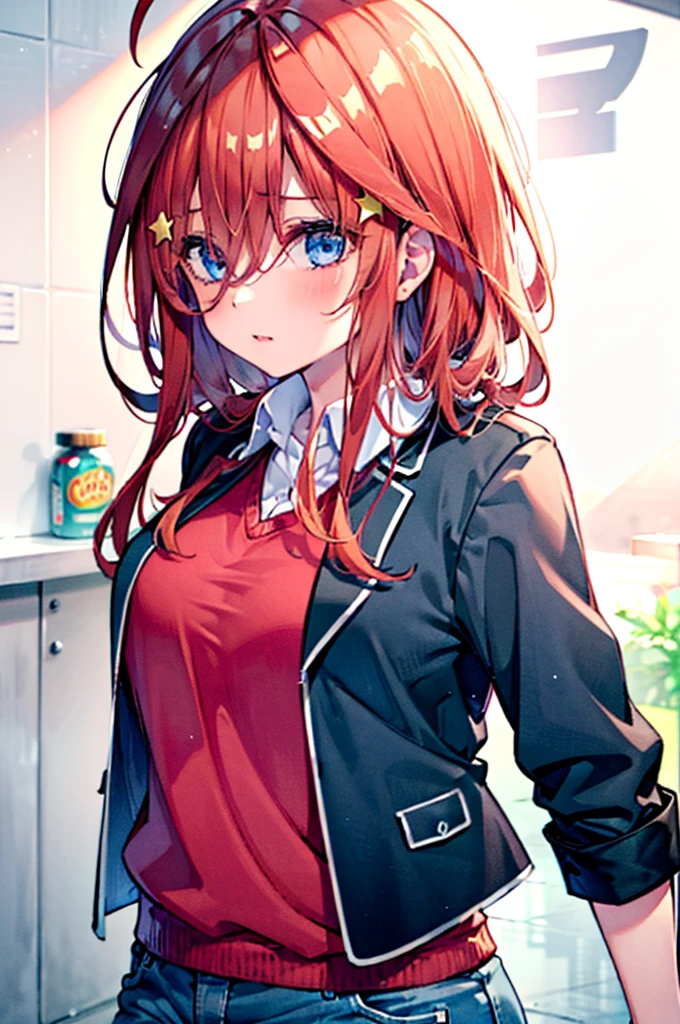 (8K, Highest quality, Highest quality, masterpiece), aaitsuki, long hair, ahoge, star hair ornament, school uniform, blazer, black jacket, open jacket, red sweater, long sleeves, denim short shorts, big breasts,