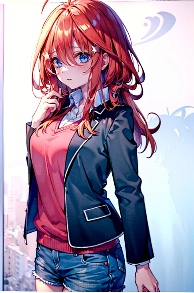 (8K, Highest quality, Highest quality, masterpiece), aaitsuki, long hair, ahoge, star hair ornament, school uniform, blazer, black jacket, open jacket, red sweater, long sleeves, denim short shorts, big breasts,