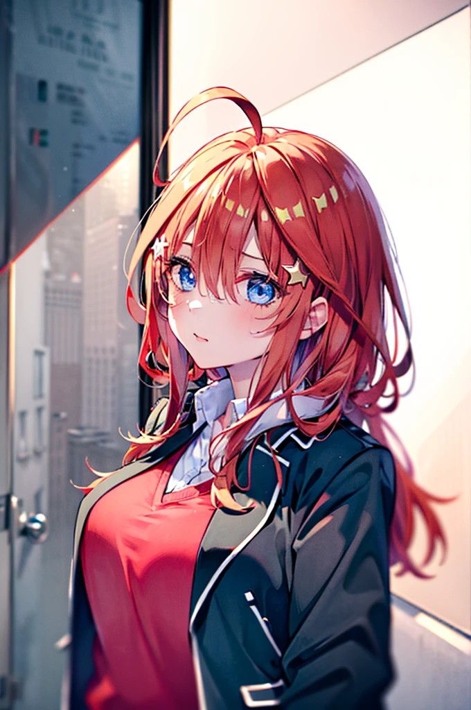 (8K, Highest quality, Highest quality, masterpiece), aaitsuki, long hair, ahoge, star hair ornament, school uniform, blazer, black jacket, open jacket, red sweater, long sleeves, denim short shorts, big breasts,