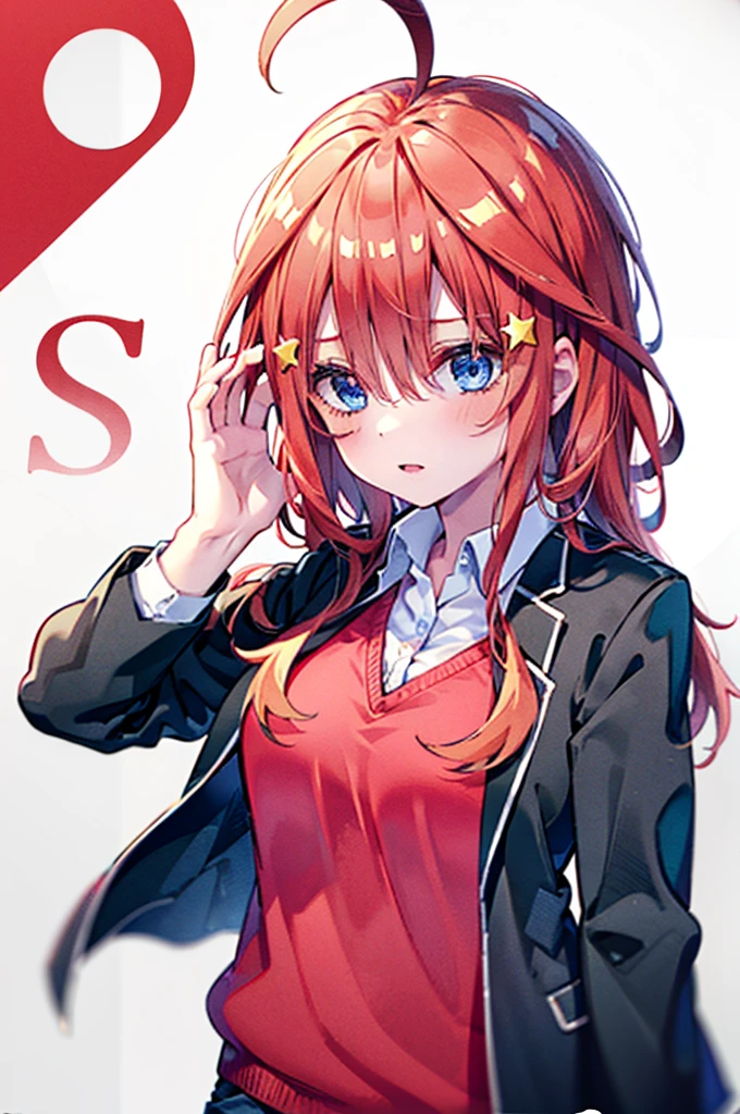 (8K, Highest quality, Highest quality, masterpiece), aaitsuki, long hair, ahoge, star hair ornament, school uniform, blazer, black jacket, open jacket, red sweater, long sleeves, denim short shorts, big breasts,