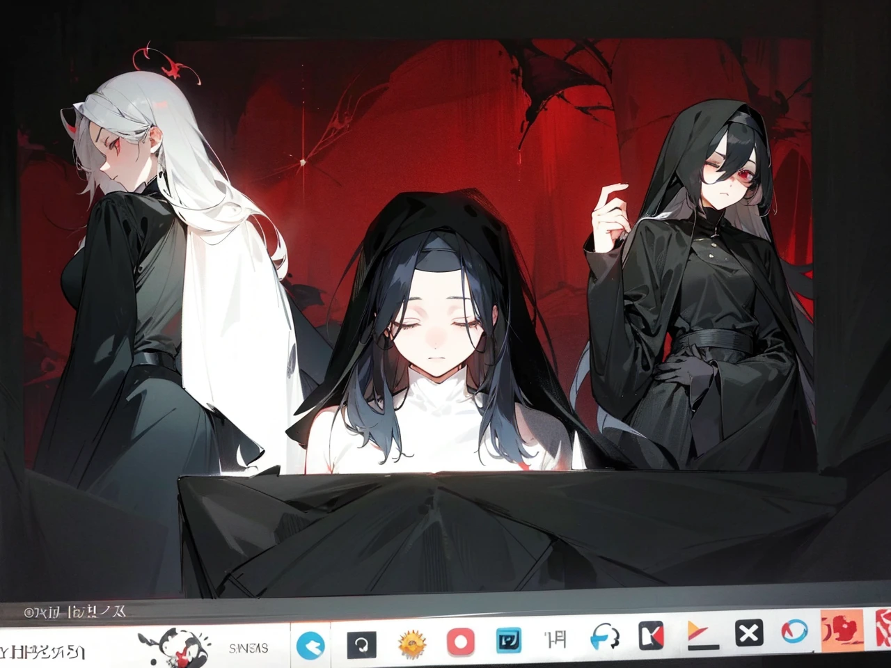 Make an anime poster, has 4 women in it, on the left side a classy dressed beauty with only the colors red and white, has an angelic presence but a demonic personality, she wears a hat on her head and a long mature gown. On the middle, a millitary general with black and white hair, and a blindfold covering her eyes. Behind her in the back, a woman faded in the background, only her eyes red Phoenix can be seen. Finally at the very right side a nun with a blindfold and a church nun fantasy black dress, holding her hands together symbolizing a prayer gesture.