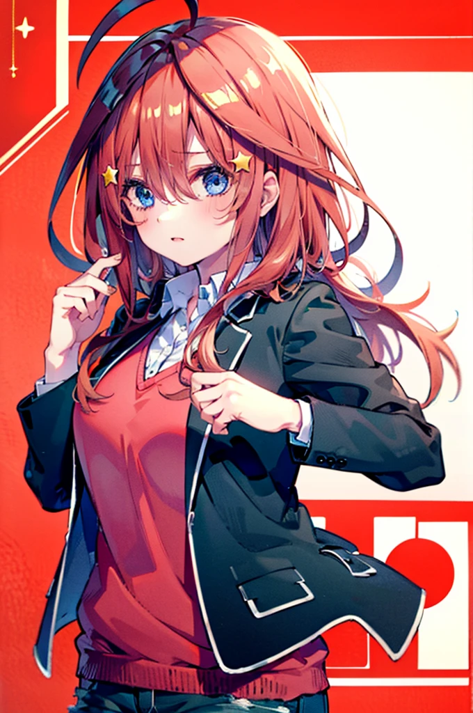 1girl, sozinho,brown hair underwater, olhos castanhos, separated-lips, mangas compridas, suit jacket, Background Story, parte superior do corpo, red Background Story, Olhando para o Viewer, dente, red suit jacket, corpo lipull, sorrir,motocicleta