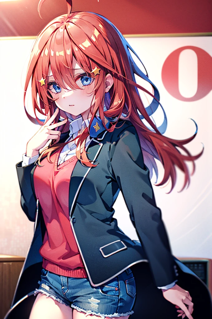 (8K, Highest quality, Highest quality, masterpiece), aaitsuki, long hair, ahoge, star hair ornament, school uniform, blazer, black jacket, open jacket, red sweater, long sleeves, denim short shorts, big breasts,
