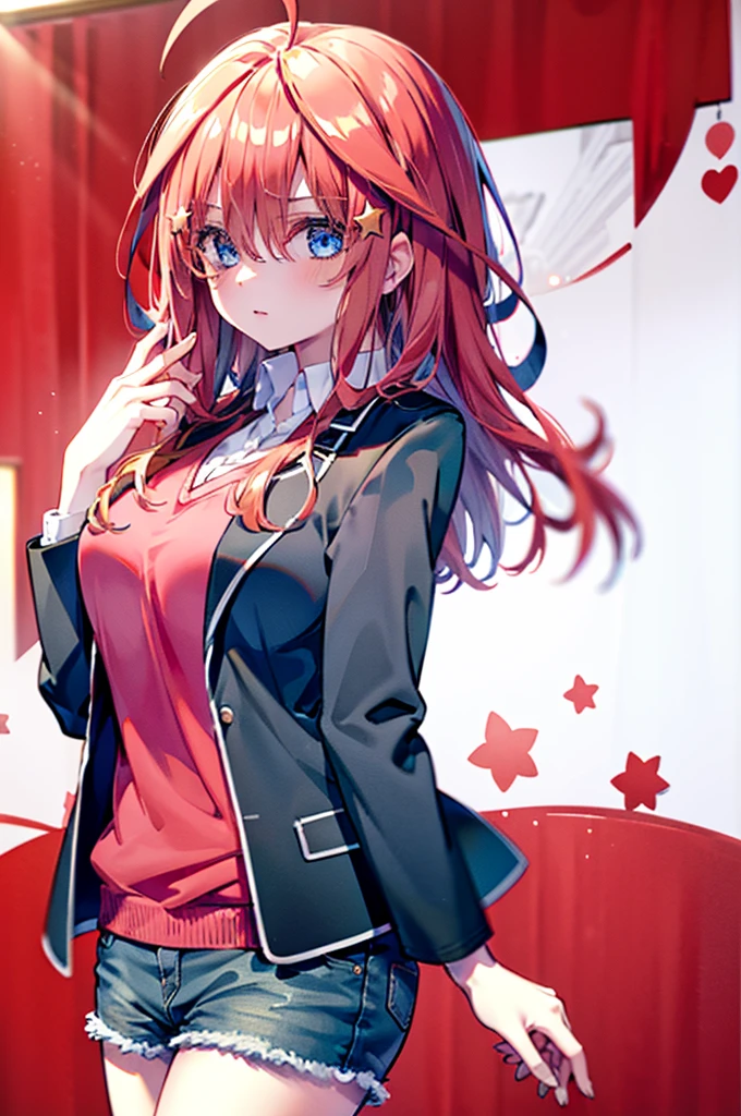 (8K, Highest quality, Highest quality, masterpiece), aaitsuki, long hair, ahoge, star hair ornament, school uniform, blazer, black jacket, open jacket, red sweater, long sleeves, denim short shorts, big breasts,