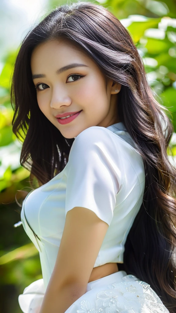 Javanese girl, 18 years old, (masterpiece), Javanese skin tone, best quality, expressive eyes, perfect face, (ultra realistic), (black Formal Suit), Smile, Long Black Hair, innocent face, natural wavy hair, brown eyes, High resolution, masterpiece, Best quality, intricate high detail, highly detailed, focus sharp focus, detailed skin, realistic skin texture, texture, detailed eyes, professional, 4K, charming smile, filmed on Canon, 85 mm, shallow depth of field, Kodak Vision Color, perfect fit body, Extremely detailed, photograph_\(ultra\ ), photoreallistic, Realstic, Post-processing, Maximum details, roughness, real life, ultra realist, photorealism, photography, 8K UHD, photography