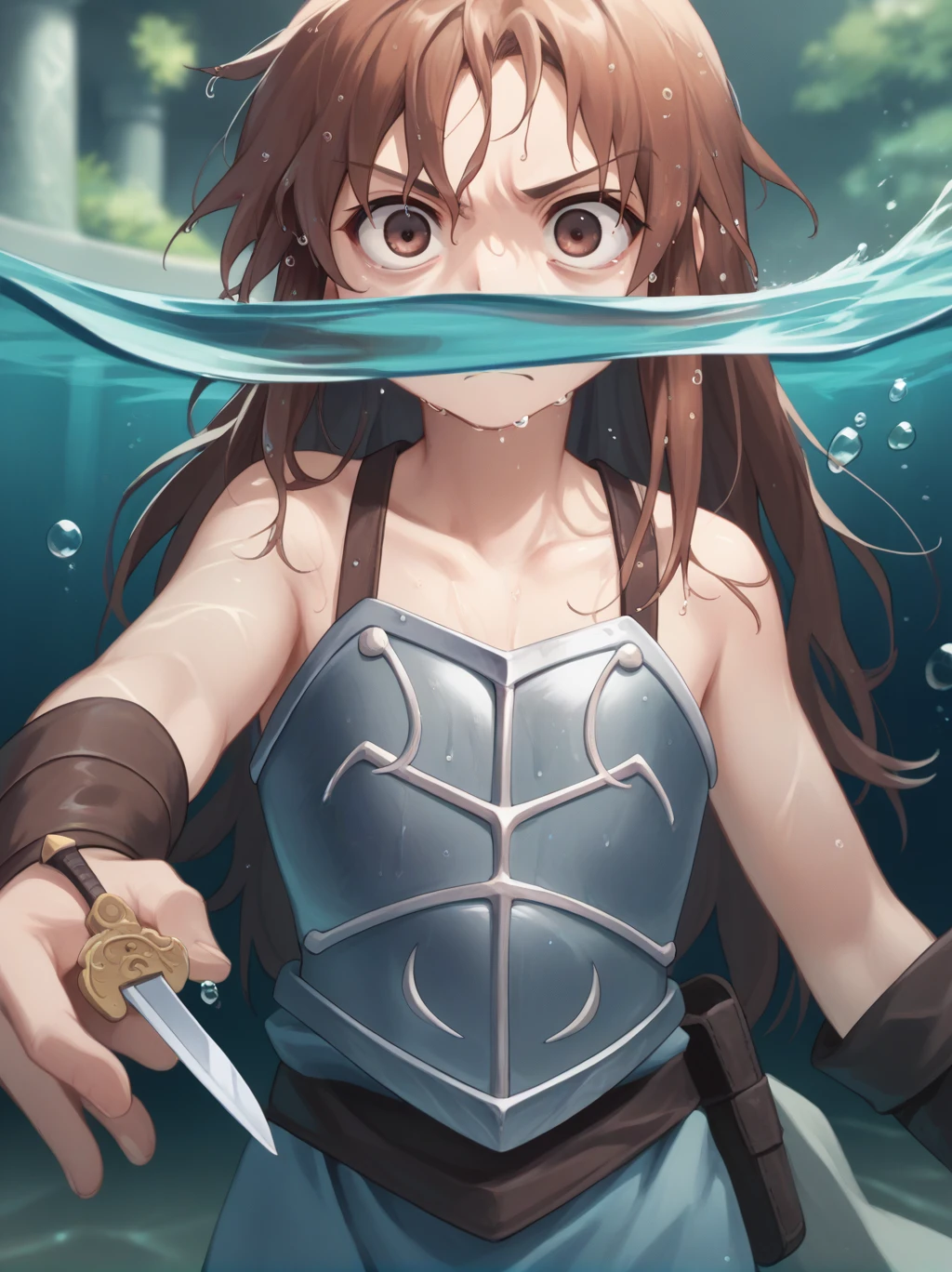 Partially underwater,最high quality,high quality, 4-year-old, , Long Hair, Brown Hair, Wet Hair, Blurred Edges,Flat Chest,Pitch-dark underground labyrinth,No light,Leather armor,Equipped with a dagger and a shield,Face above water,Body in water, Underwater Photography,The robe rolls up due to buoyancy,Painful face