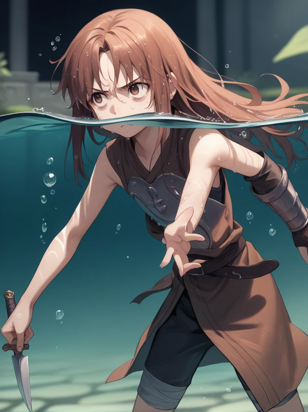 Partially underwater,最high quality,high quality, 4-year-old, , Long Hair, Brown Hair, Wet Hair, Blurred Edges,Flat Chest,Pitch-dark underground labyrinth,No light,Leather armor,Equipped with a dagger and a shield,Face above water,Body in water, Underwater Photography,The robe rolls up due to buoyancy,Painful face