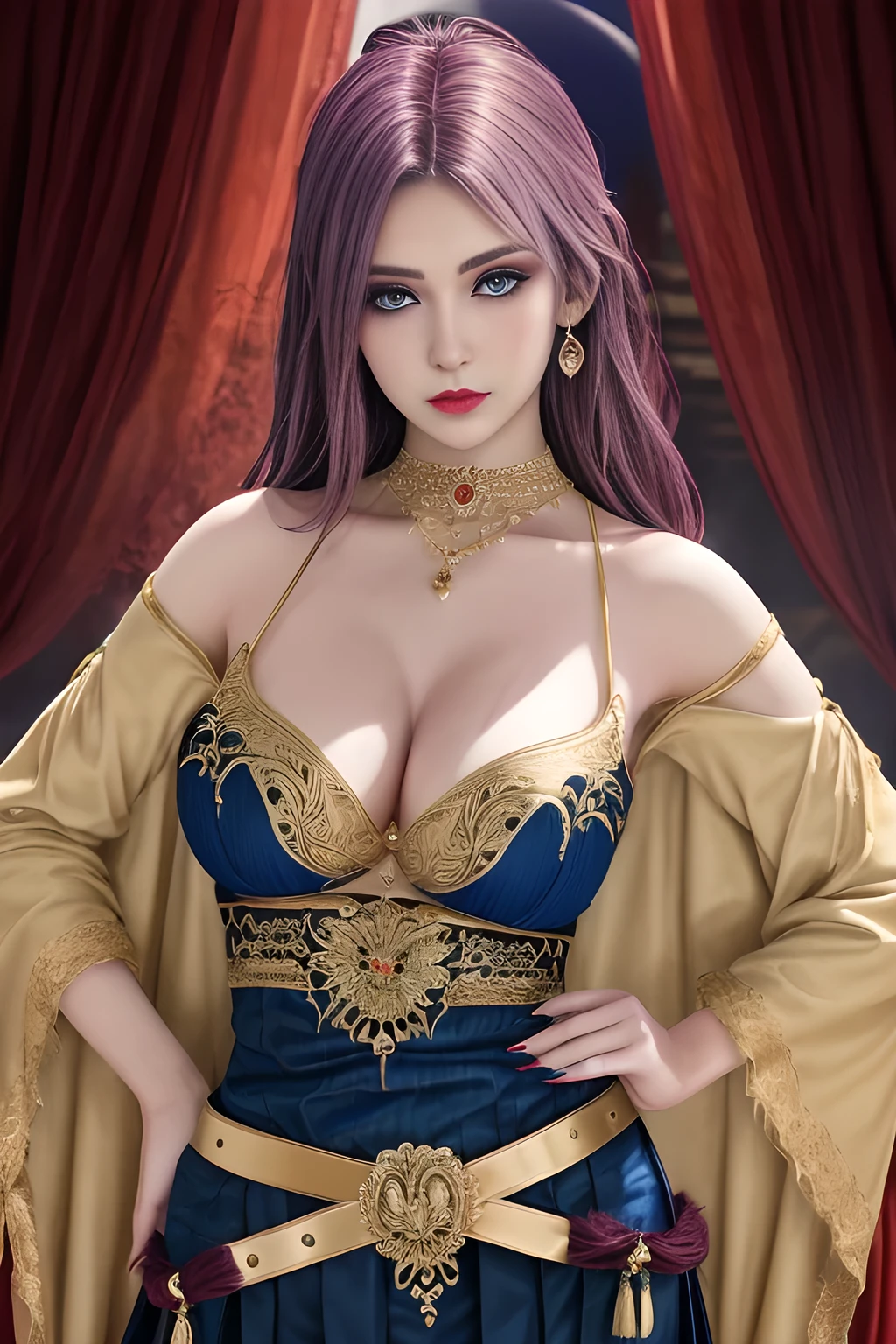 1girl,Wearing a gorgeous oriental-style outfit. Her outfit is mainly a combination of dark blue and gold, with exquisite embroidery and decoration. The top is uniquely designed, showing a lot of skin, and is tied at the neck and waist with red and gold belts. There is a red belt tied at the waist, and there are red tassels hanging on the belt. The lower body is a high-slit design, which looks sexy and elegant. She has light-colored nail polish on her hands,,, beautiful detailed eyes, beautiful detailed lips, extremely detailed eyes and face, long eyelashes, best quality, 4k, 8k, highres, masterpiece, ultra-detailed, realistic, photorealistic, photo-realistic, ethereal glow, regal elegance, intricate details, luxurious, otherworldly beauty, dark atmospheric background, supernatural aura, elise,