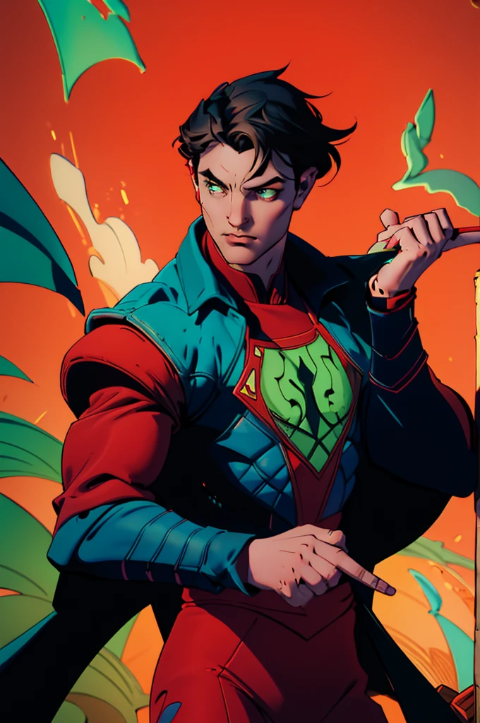 Human male Bard with dark hair very short on the side and green eyes. Wears earrings. A violin in his hand. surrounded by magical. dancing illusions. Wears red clothes and a cape. D&d. Character. Magic. Music.