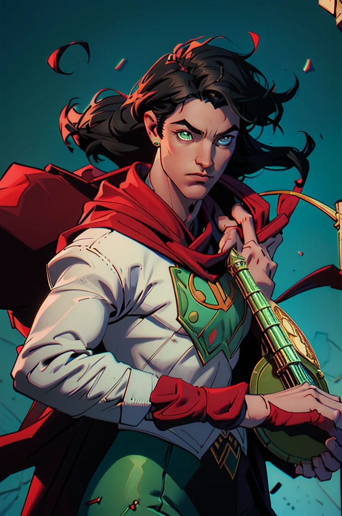 Human male Bard with dark hair very short on the side and green eyes. Wears earrings. A violin in his hand. surrounded by magical. dancing illusions. Wears red clothes and a cape. D&d. Character. Magic. Music.
