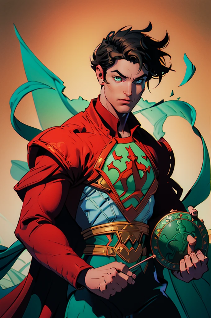 Human male Bard with dark hair very short on the side and green eyes. Wears earrings. A violin in his hand. surrounded by magical. dancing illusions. Wears red clothes and a cape. D&d. Character. Magic. Music.