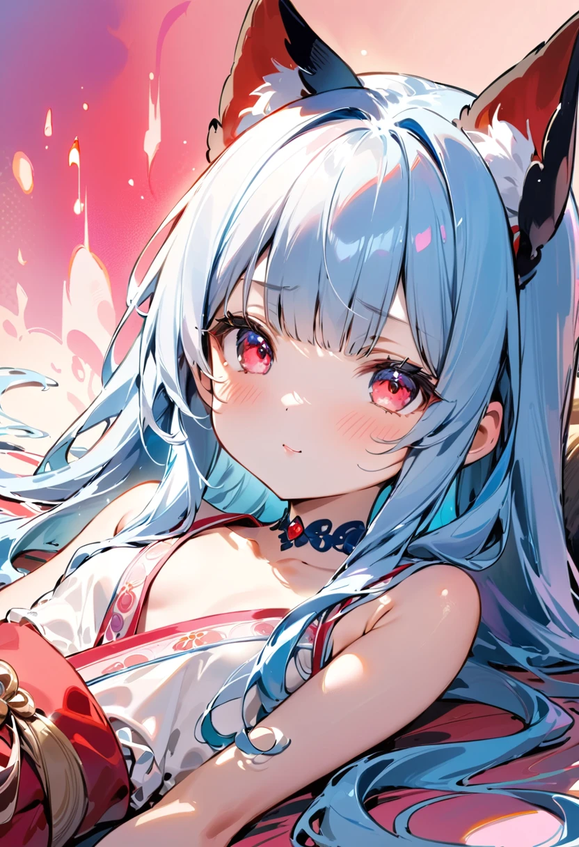 masterpiece, best quality, extremely detailed, (illustration, official art:1.1), 1 girl ,(((( light blue long hair)))), ,(((( light blue long hair)))),light blue hair, ,,, long hair ((blush)) , cute face, big eyes, masterpiece, best quality,(((((a very delicate and beautiful girl))))),Amazing,beautiful detailed eyes,blunt bangs((((little delicate girl)))),tareme(true beautiful:1.2), sense of depth,dynamic angle,,,, affectionate smile, (true beautiful:1.2),,(tiny 1girl model:1.2),)(flat chest),((Sketch)), (Watercolor), 1girl, red eyes, beautiful eyes, detailed lips, pout, choker, collarbone, bare shoulders, wide hips, (Vermilion clothes with blue ornate), (pelvic curtain), center opening, thigh gap, black fingerless gloves, (pink flames, pink fire background), thick thighs, half body, close up, portrait, lying down, half-lidded eyes, kimono, posing、Vermilion gradation background