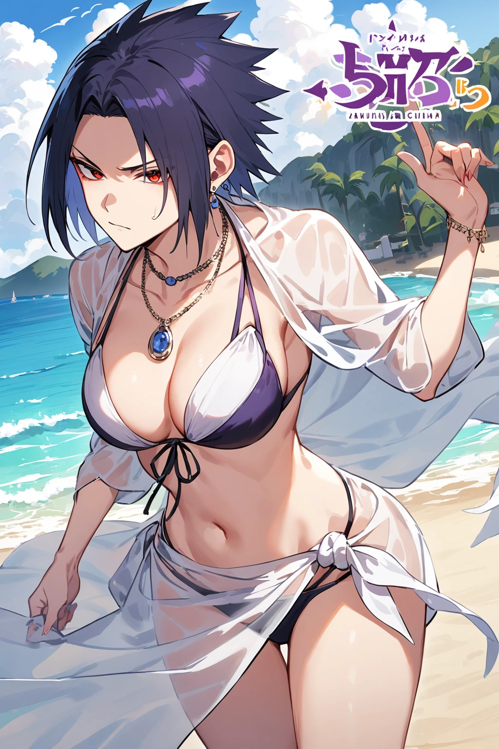 Sasuke Uchiha, e Cup sized breasts, bikini, at the beach, Cover Up sarong, earrings, sharingan, necklace