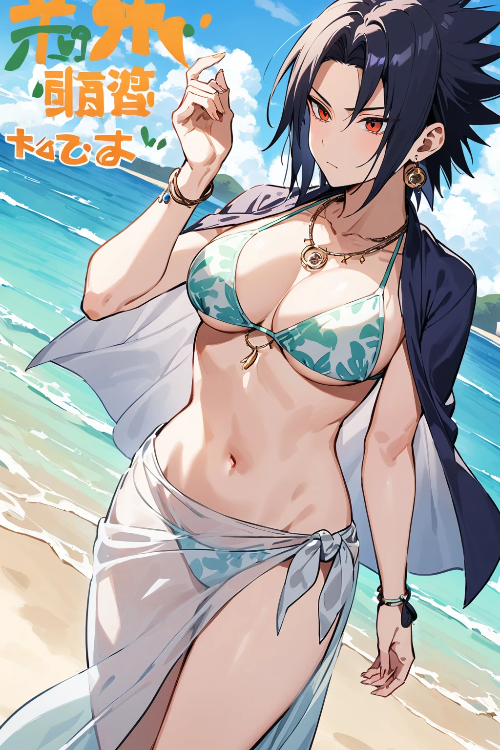 Sasuke Uchiha, e Cup sized breasts, bikini, at the beach, Cover Up sarong, earrings, sharingan, necklace