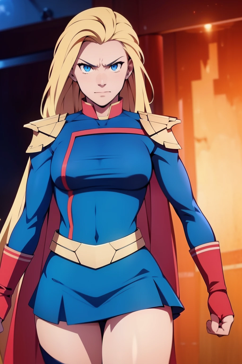  Anime style , homelander , very  long blonde hair,  angry face , medium  breasts ,hero uniform,  skirt , flying