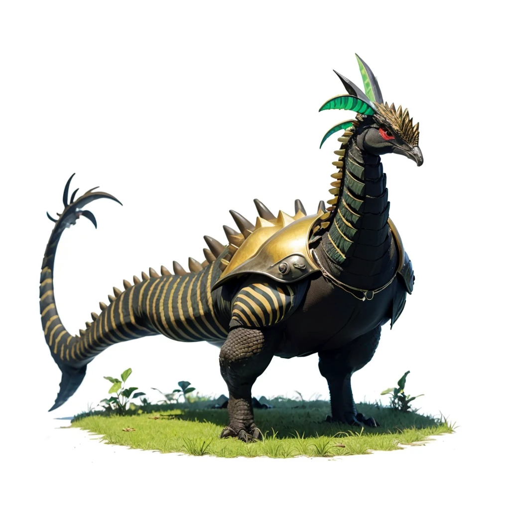 Big Animaly, has grees stripes on his skin, golden eyes, cassowary mixed with stegosaurus, Grassroots, no background