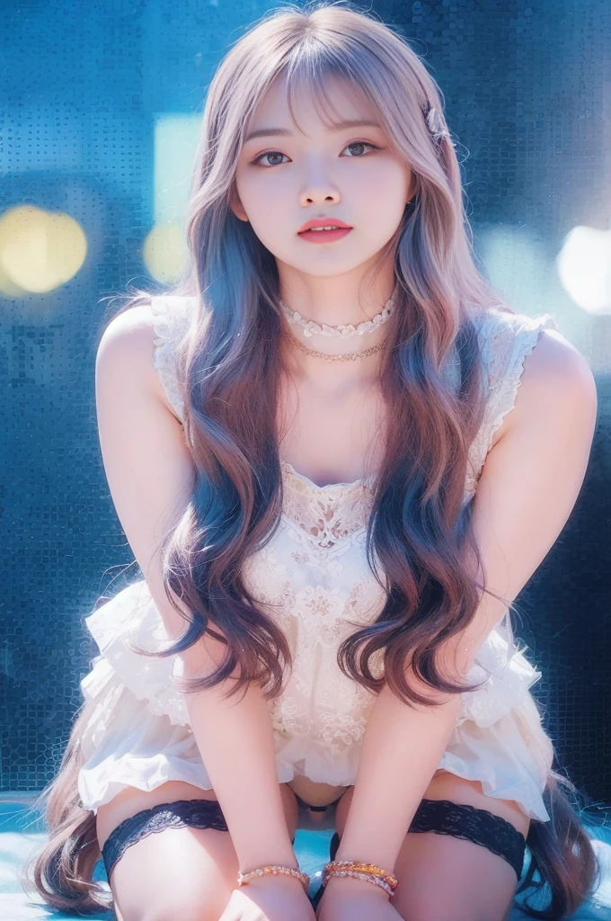 araffe girl Long Hair sitting on the ground with her legs crossed, Portraits of Korean female idols, 8k art germany bokeh, Long, shiny hair, Long Hair, Ulzzang, Long, shiny, elegant hair, ilya kuvshinov Long Hair, Jaeyoung Nam, Purple long hair, asian girl Long Hair, Long Hair女の子