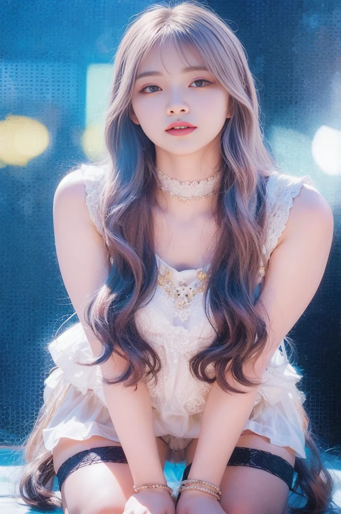 araffe girl Long Hair sitting on the ground with her legs crossed, Portraits of Korean female idols, 8k art germany bokeh, Long, shiny hair, Long Hair, Ulzzang, Long, shiny, elegant hair, ilya kuvshinov Long Hair, Jaeyoung Nam, Purple long hair, asian girl Long Hair, Long Hair女の子
