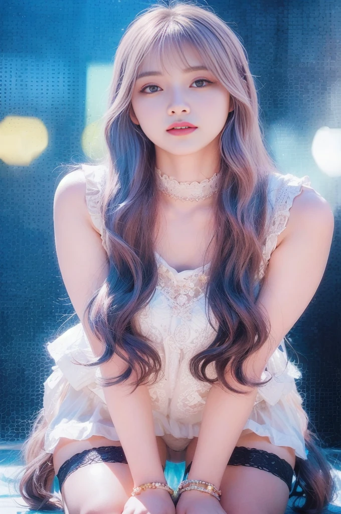 araffe girl Long Hair sitting on the ground with her legs crossed, Portraits of Korean female idols, 8k art germany bokeh, Long, shiny hair, Long Hair, Ulzzang, Long, shiny, elegant hair, ilya kuvshinov Long Hair, Jaeyoung Nam, Purple long hair, asian girl Long Hair, Long Hair女の子