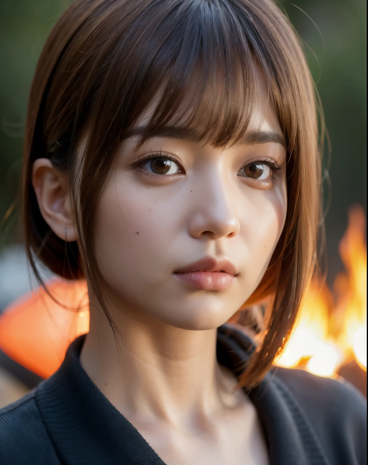 Yayoi in front of the campfire_mix　profile　Close-up of eyes　Skin texture is realistic