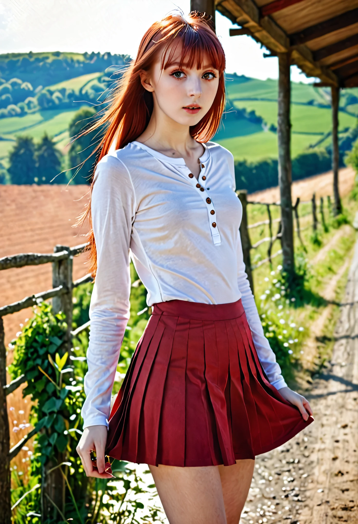 arafed woman in red shorts and white shirt posing in front of a red house, redhead girl, cute young redhead girl, short redhead, red hair girl, red head, red haired goddess, red haired girl, red hot, she is redhead, vibrant red, redhead woman, red and white, beautiful redhead woman, anna nikonova aka newmilky, redhead