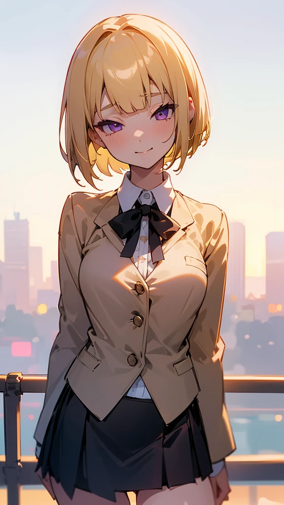 1 Girl、8K、Sharp focus、(Bokeh) (Highest quality) (Detailed skin:1.3) (Intricate details) (anime)、(blonde)、short hair、Bobcut、Blunt bangs、Beautiful purple eyes、Slender body、White shirt、Black mini skirt、Black Fitted Blazer、Calm face、Mouth closed、Cheeky Smile、Squint your eyes、Park in the background、sunset、Soft lighting.