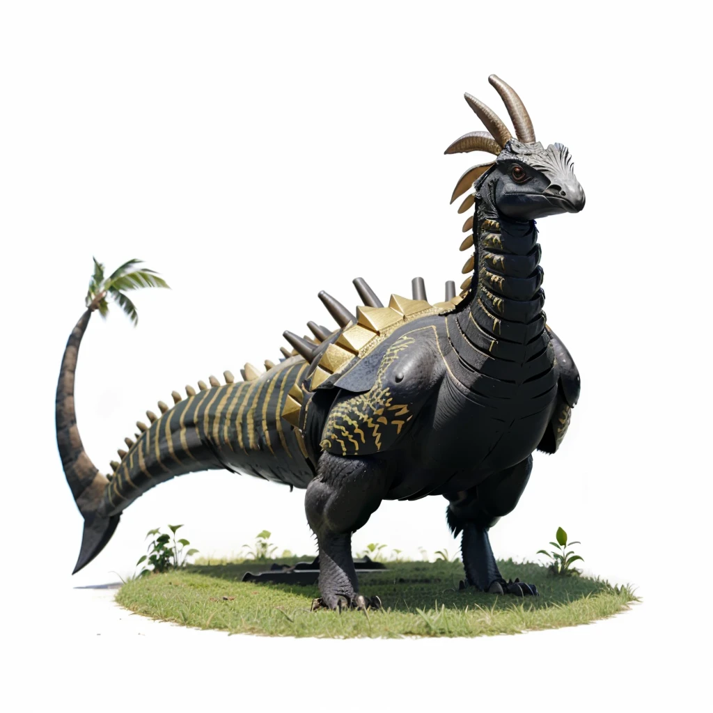 Big Animaly, has grees stripes on his skin, golden eyes, cassowary mixed with stegosaurus, Grassroots, no background