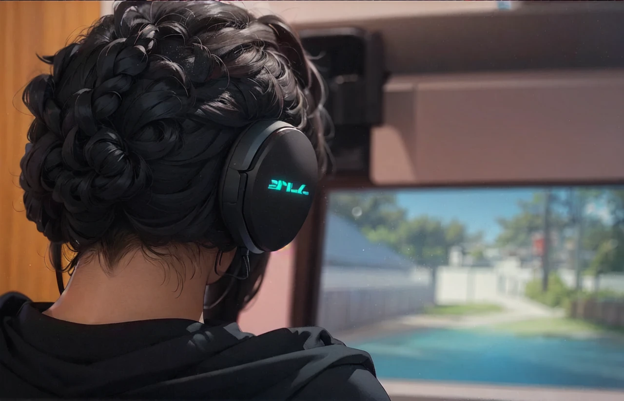 Gaming on pc, back view, headphone, anime
