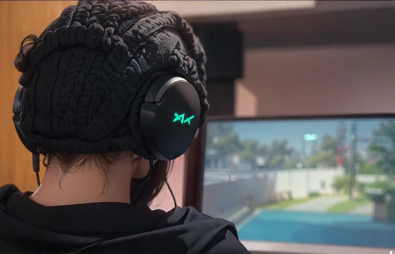 Gaming on pc, back view, headphone, anime
