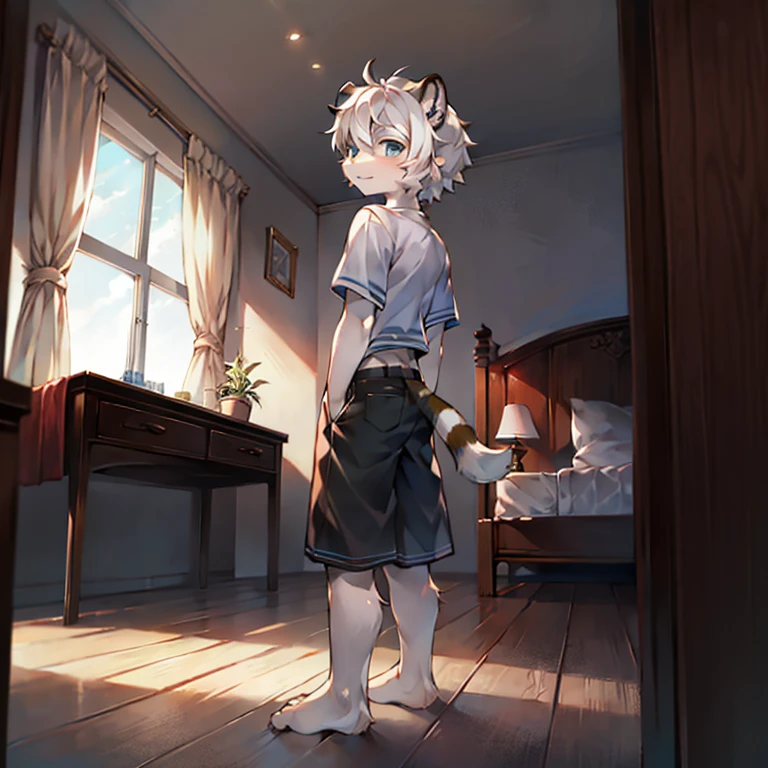 teenager, Short white hair, ear, Lower Body, bedroom,Standing on the ground,hairy, White hair everywhere, White hair everywhere, White Tiger, Tiger Tail, masterpiece, High quality portrait, Humanoid, youth style, posture, panoramic, White Tiger型, Green short sleeves, Black shorts, super Handsome face, Handsome, Tiger Youth, blue eyes, White Tiger, white ear, barefoot