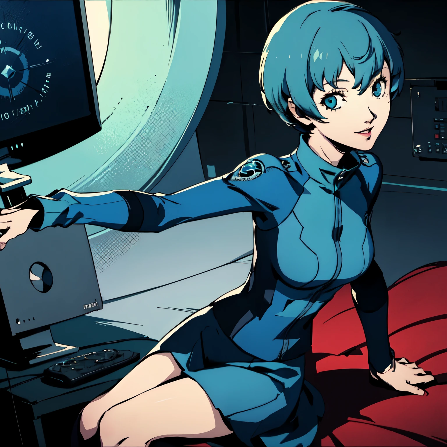 ((P3 Yamagishi Fuuka)),masterpiece, ((best quality)),((1 girl)), blue eyes, light aqua hair, female , tomboy Pixie haircut, deep blue suit,smiling,hacker,in the,dark room,sitting,looking monitor,long skirt,bimbo