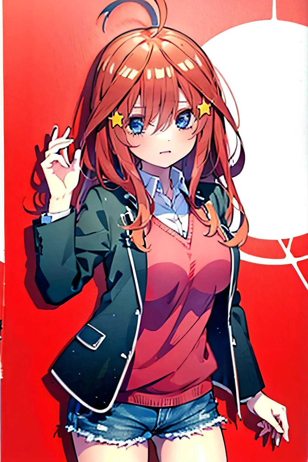 (8K, Highest quality, Highest quality, masterpiece), aaitsuki, long hair, ahoge, star hair ornament, school uniform, blazer, black jacket, open jacket, red sweater, long sleeves, denim short shorts, big breasts,