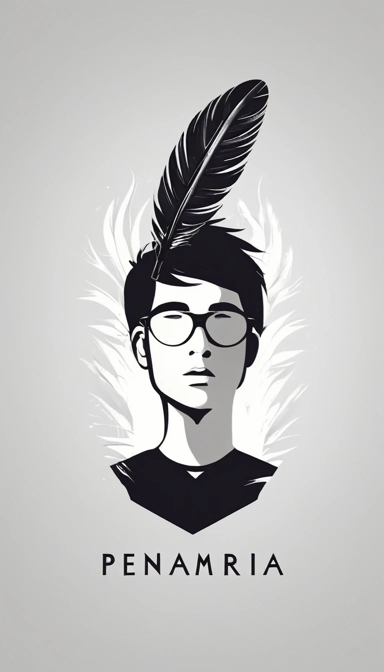 A minimal, modern, simple, cinematic logo design e of a boy with a head full of feathers for the brand “Penamemoria" .