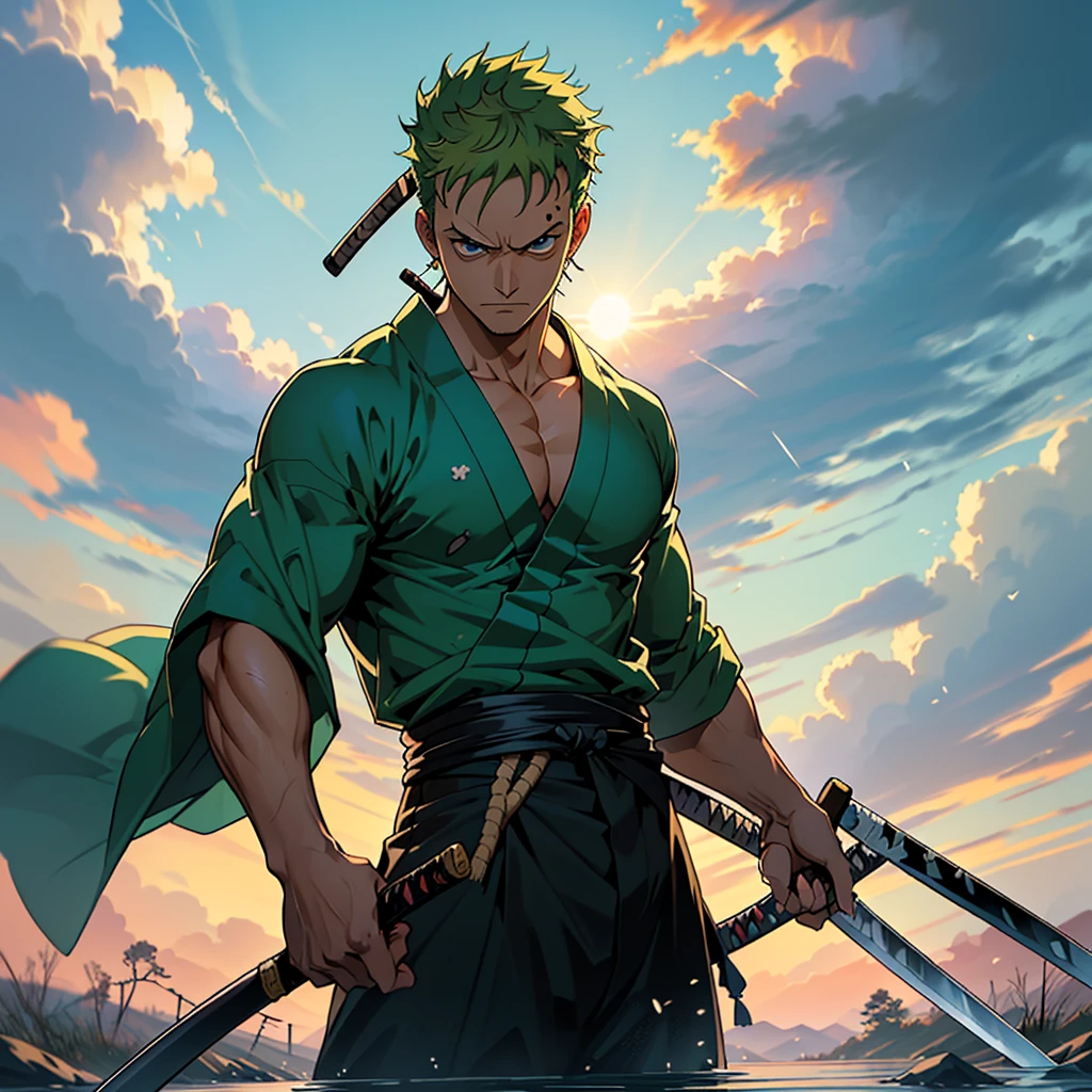 Roronoa Zoro (Masterpiece, 4k resolution, ultra-realistic, very detailed), (Theme of white samurai, charismatic, there is a swordsman next to a Japanese "isakaya" bar, wearing a blue kimono with cloud details on the "obi" track, he is commander of the first division of the leader of the mugiwara band, work "One Piece"), [ ((19 years), (short green hair:1.2),  full body, (blue eyes:1.2), ((Roronoa Zoro's pose), show of strength, unsheathing with one hand his katanas enma), ((Japanese rural environment):0.8)| (rural landscape, at dusk, dynamic lights), (blinded sun)), 1 katana]. # Explanation: Prompt mainly describes a 4k painting of ultra-high definition, very realistic, very detailed. It shows a swordsman, master of the Santoryu style of katanas, wearing a blue kimono with cloud details at the waist band. The subject in the painting is a subject of a white swordsman, holding with one hand his black katana enma, the male protagonist has short green hair, is 19 years old and his entire defined body is shown in the painting, with characteristics of pumped endomorph.