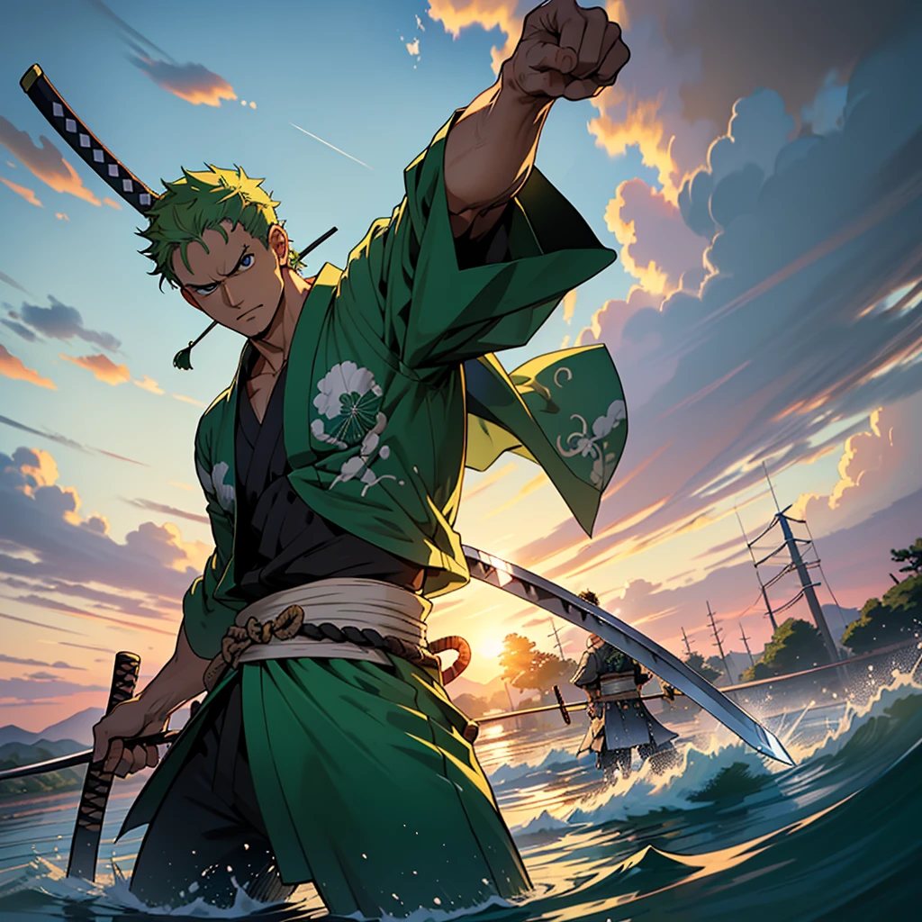 Roronoa Zoro (Masterpiece, 4k resolution, ultra-realistic, very detailed), (Theme of white samurai, charismatic, there is a swordsman next to a Japanese "isakaya" bar, wearing a blue kimono with cloud details on the "obi" track, he is commander of the first division of the leader of the mugiwara band, work "One Piece"), [ ((19 years), (short green hair:1.2),  full body, (blue eyes:1.2), ((Roronoa Zoro's pose), show of strength, unsheathing with one hand his katanas enma), ((Japanese rural environment):0.8)| (rural landscape, at dusk, dynamic lights), (blinded sun)), 1 katana]. # Explanation: Prompt mainly describes a 4k painting of ultra-high definition, very realistic, very detailed. It shows a swordsman, master of the Santoryu style of katanas, wearing a blue kimono with cloud details at the waist band. The subject in the painting is a subject of a white swordsman, holding with one hand his black katana enma, the male protagonist has short green hair, is 19 years old and his entire defined body is shown in the painting, with characteristics of pumped endomorph.