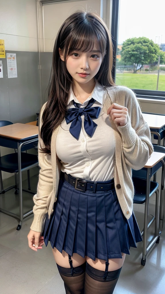 masterpiece, best quality, illustration, Super detailed, fine details, High resolution, 8K,wall paper, perfect dynamic composition,(Details High quality, realistic depiction of eyes:1.3), High School Classroom、High school girl uniform、Cardigan、Super Short Check Uniform Skirt、Navy blue high socks、garterbelts、Colossal tits、Disturbed uniform、wavy hair, black hair color, Big Natural Color Lip, bold sexy pose, (perfect body shape), crying a little、Harajuku style、20 year old girl、cute type, beautiful legs, hposing Gravure Idol, Voluptuous thighs