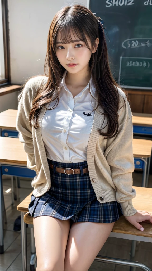 masterpiece, best quality, illustration, Super detailed, fine details, High resolution, 8K,wall paper, perfect dynamic composition,(Details High quality, realistic depiction of eyes:1.3), High School Classroom、High school girl uniform、Cardigan、Super Short Check Uniform Skirt、Navy blue high socks、garterbelts、Colossal tits、Disturbed uniform、wavy hair, black hair color, Big Natural Color Lip, bold sexy pose, (perfect body shape), crying a little、Harajuku style、20 year old girl、cute type, beautiful legs, hposing Gravure Idol, Voluptuous thighs