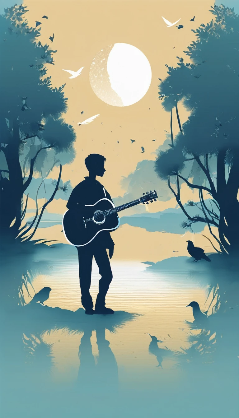 A minimal, modern, simple, cinematic logo design for the brand “Penamemoria". The logo design must be a simple, silhouette of a boy, standing up, playing acoustic guitar and fantasy feather by his side. The logo must convey a sense of music, stories, memories and dreams. Logo design impressed on a book cover. Minimalistic logo. Light blue, white and soft golden as colors for the logo design