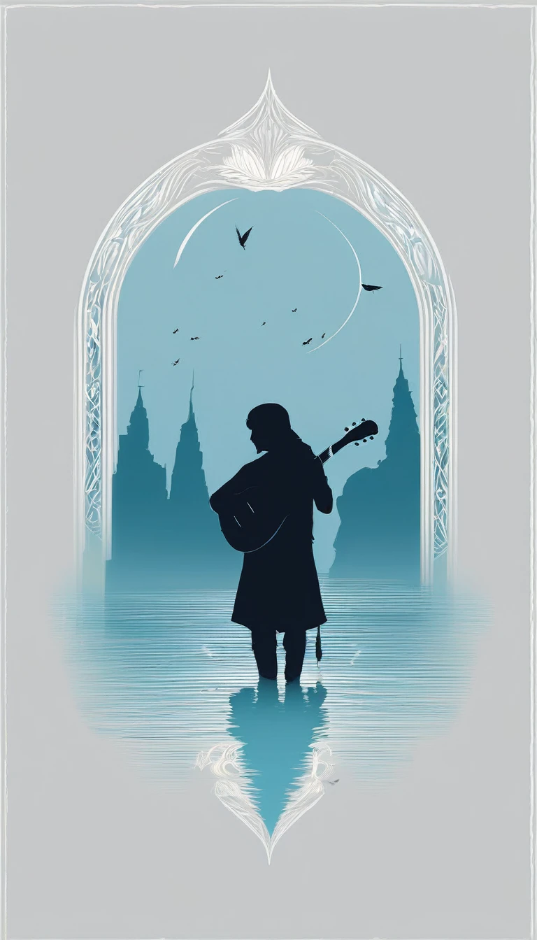 A minimal, modern, simple, cinematic logo design for the brand “Penamemoria". The logo design must be a simple, silhouette of a boy, standing up, playing acoustic guitar and fantasy feather by his side. The logo must convey a sense of music, stories, memories and dreams. Logo design impressed on a book cover. Minimalistic logo. Light blue, white and soft golden as colors for the logo design