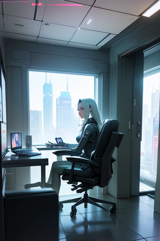 In front of the window there is a computer desk with a monitor and a chair., Futuristic room background, retro Futuristic apartment, Futuristic room, Futuristic interior, Desktop Graphics, Futuristic. Game CG, Futuristic decor, 3D iOS Room Photos, cgsociety 9, Gorgeous 3D rendering, Stunning 3D rendering, Stunning 3D rendering, Apartments in cyberpunk  