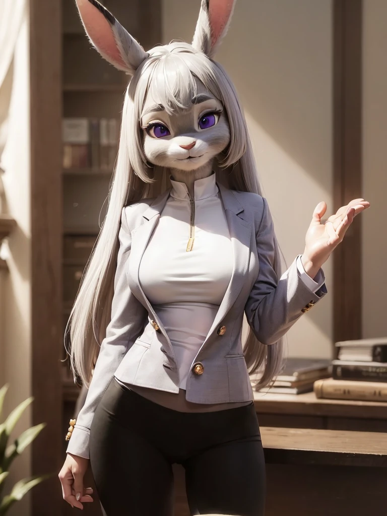 best quality,
masterpiece,
hyper Realistic,
ultra-detailed,
beautiful detailed,
4K,8K,High level,
PIXAR,
Photo real,
medium shot,
Looking at the audience upside,
background in green office,
Realistic lighting,
((anthropomorphic rabbit)),
detailed animals,
Complex patterns,
(furry:1.35),
(Whole skin is gray:1.35),
(body is fluffy and bushy:1.35),
Realistic fur,
((human hands)),
(Face is JudyHopps:1.35),
((medium straight hair)),
dark brown heir,
((sidepart bangs)), bangs,
purple eyes,
{highlight on eyes, crisp eyes, sparkle in the eyes, round big pupils},
detailed iris,
(rised eyebrows:1.2),
(Crescent Brows:1.3),
(rabbit ears:1.1),
Smile,
Big Smile,
Innocent smile,
raised corners of mouth,
office lady is wearing suit,
((White silk blouse)) BREAK ((Gray blazer)) BREAK ((Black pants)),
((blouse, シャツ, ワイシャツ)),
clothes made of wool,
(solo:1.5),
(1 lady:1.5),
one character only
alone,
Perfect Anatomy,
lighting forward,
lighting front,
ambient light,
natural light,
daylight white,
intricate details,
ray tracing,
photorealistic,
