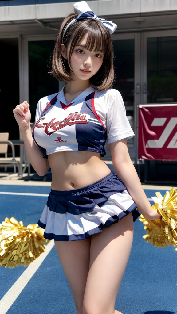 masterpiece, best quality, illustration, Super detailed, fine details, High resolution, 8K,wall paper, perfect dynamic composition,(Details High quality, realistic depiction of eyes:1.3), hotel room, (cheer girl:1.5),(a miniskirt), to stand、large breasts,short bob hair, black hair color, Big Natural Color Lip, bold sexy pose, crying a little、Harajuku style、20 year old girl、cute type、ta、beautiful legs, hposing Gravure Idol
